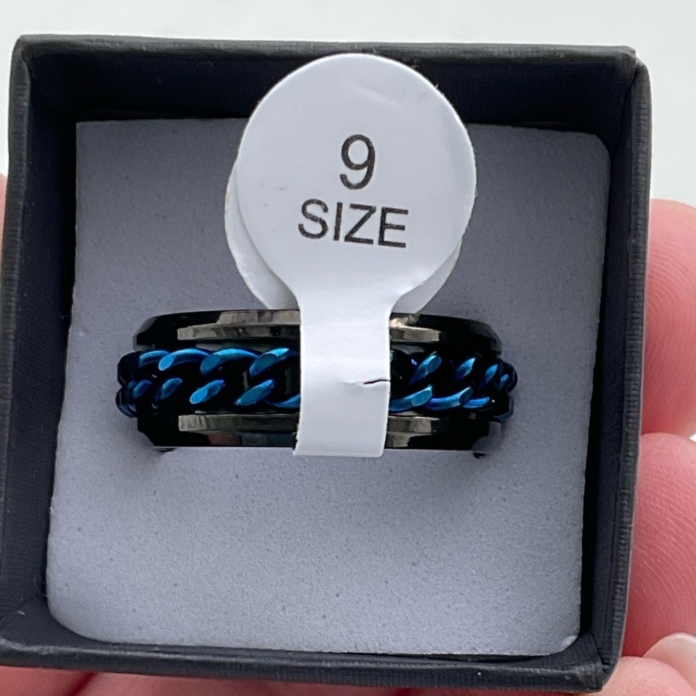 Rotating  Unisex Black & Blue Stainless Steel Fidget Ring - Picture 10 of 12